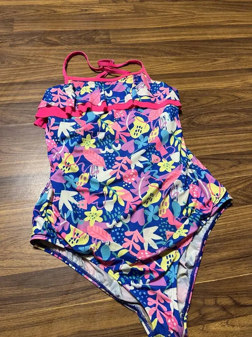 Lands' End Girl's Ruffle One Shoulder Bikini Sz 16+ Electric Blue Fun Floral